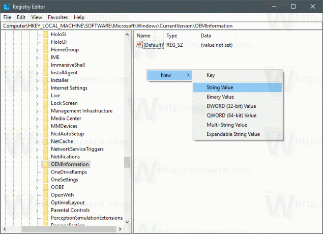 Windows 10 OEMInformation uus stringi väärtus
