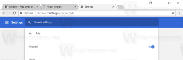 Блокування реклами Google Chrome вимкнено для всіх сайтів