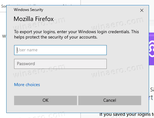 Επιβεβαίωση εξαγωγής αποθηκευμένων κωδικών πρόσβασης Firefox