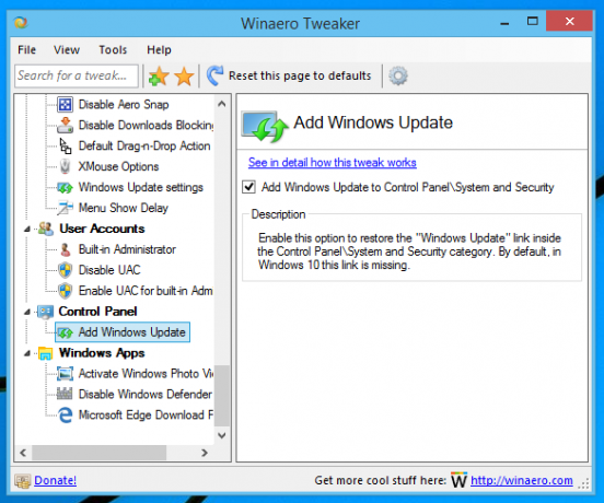 WinaeroTweakerはWindowsUpdateを追加します