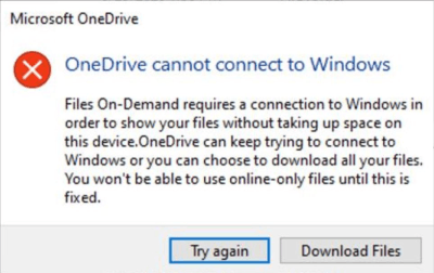 Komunikat o błędzie OneDrive Pliki na żądanie