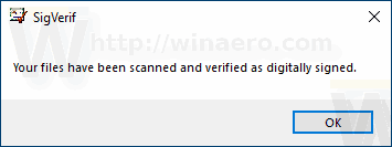 Rezultatul verificării semnăturii fișierului Windows 10
