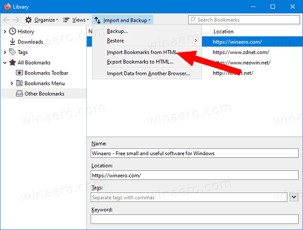 Firefox Bladwijzers importeren vanuit het Html-menu
