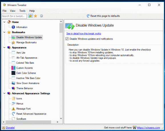 Winaero Tweaker 0.10 Windows अद्यतन अक्षम करें
