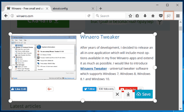 Pulsante Screenshot di Firefox 55