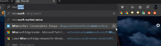 Usuń sugestie paska adresu Microsoft Edge za pomocą myszy