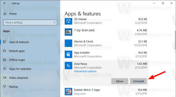 Windows 10 הסר התקנה של גופן אפליקציות ותכונות