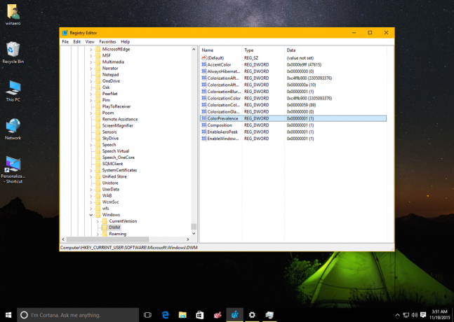 „Windows 10“ spalvotos pavadinimo juostos tamsi užduočių juosta