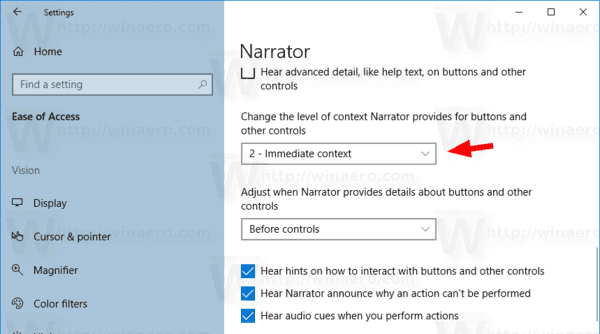 Windows 10 muutke Jutustaja konteksti taset 1