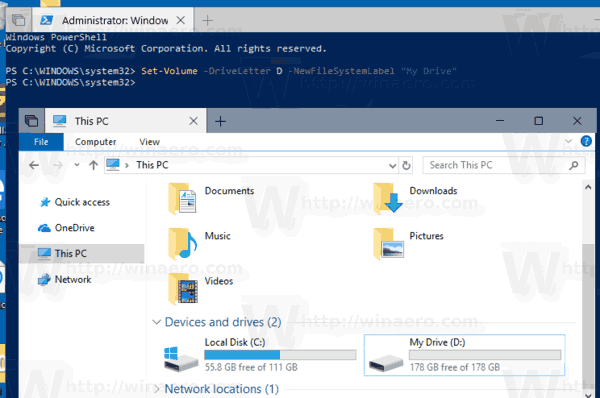 Windows 10 Промяна на етикета на устройството PowerShell