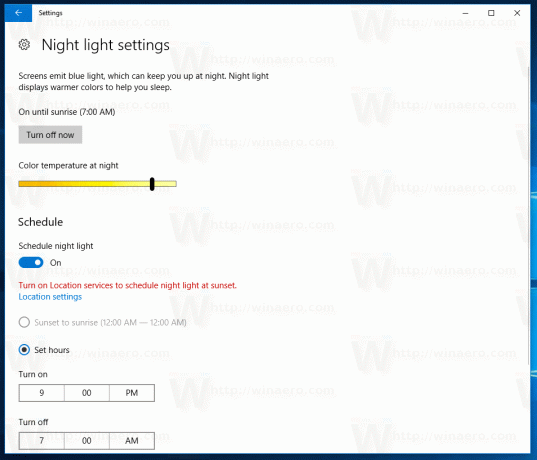 Windows10の常夜灯設定ページ
