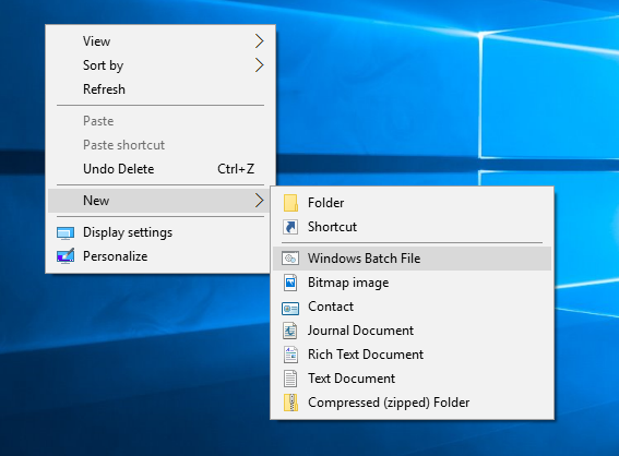 Windows 10new-実行中のWindowsバッチファイルのコンテキストメニュー
