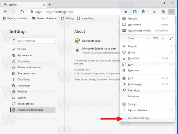 „Microsoft Edge Build 162“ Uždarykite meniu įrašą