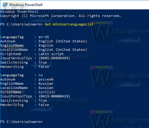 Windows 10 Установіть розкладки клавіатури за допомогою PowerShell
