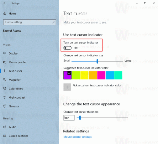 Windows 10 הפעל את מחוון סמן טקסט