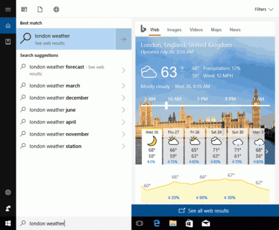 Websuchergebnisse in Cortana