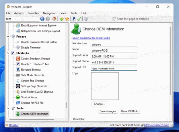 Voeg OEM-ondersteuningsinformatie toe met Winaero Tweaker