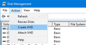 डिस्क प्रबंधन VHD बनाएँ