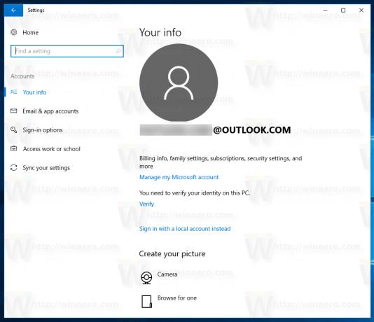Windows 10 Microsoft paskyros pavyzdys