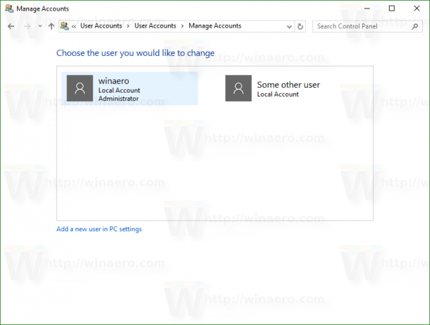Okno změny typu účtu ve Windows 10