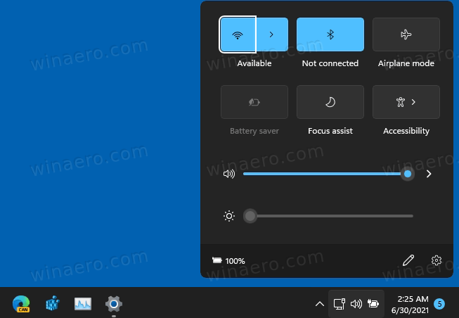 Centrul de control al setărilor rapide Windows 11