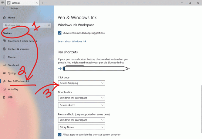 Pen & Windows Ink Settings, viser klik én gang for at åbne Screen Snipping
