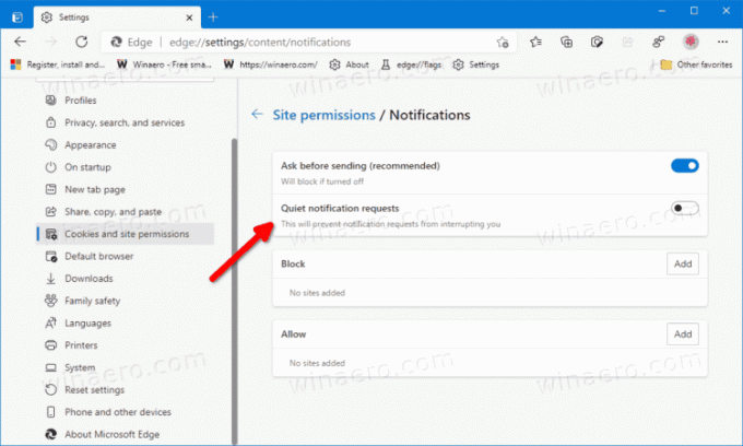 Edge Disable Quiet Notification Možnost