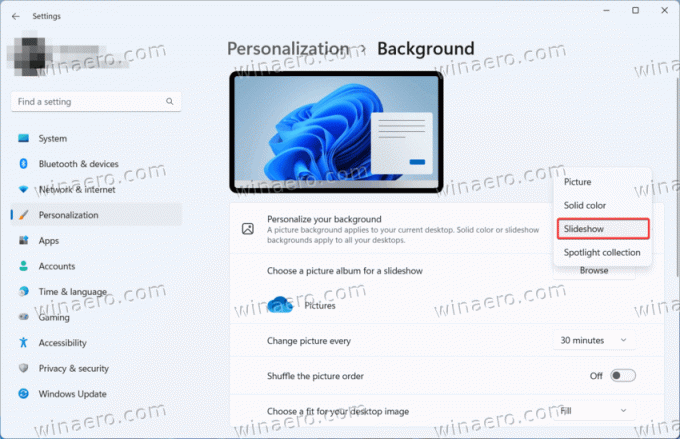imposta Presentazione come sfondo del desktop in Windows 11