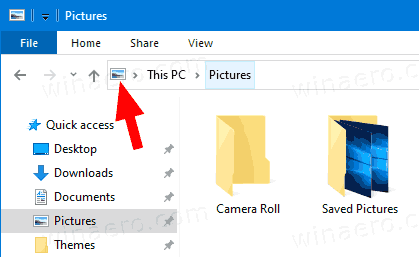 ไอคอนตำแหน่งแถบที่อยู่ของ Windows 10 File Explorer
