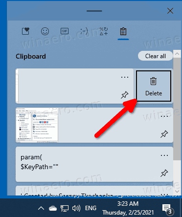 Windows 10 Ștergeți elementul istoric din Clipboard individual