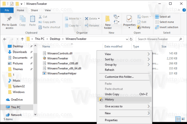 Windows 10 Kontextmenü zum Hinzufügen des Verlaufs