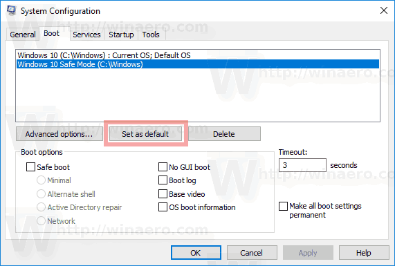 Windows 10 Msconfig iestatīt noklusējuma operētājsistēmu 