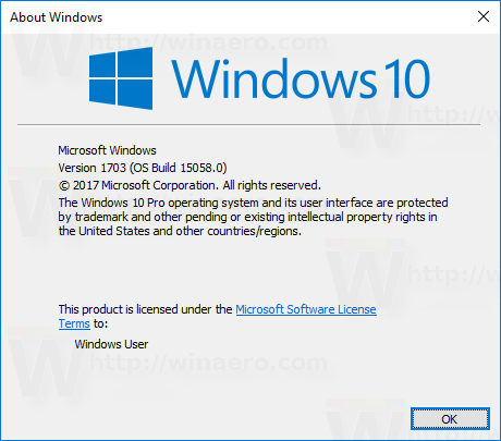 Windows 10 Yapı 15058 Winver