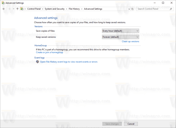 Windows 10 failu vēstures papildu iestatījumi