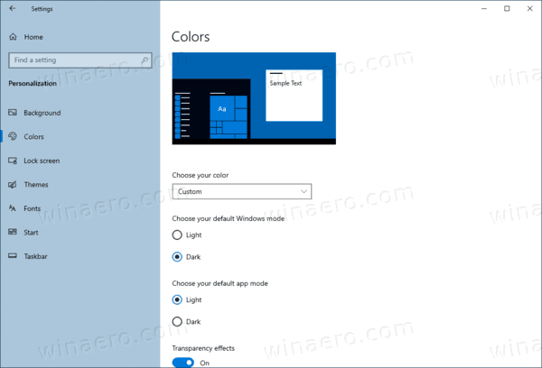 Página de cores de configurações do Windows 10