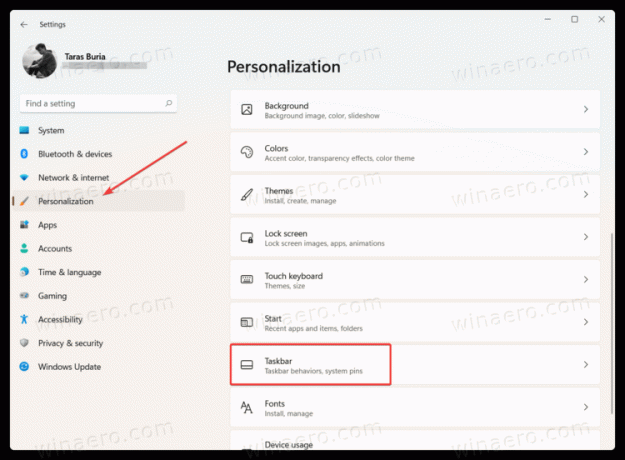 Configuración de Windows 11 Barra de tareas de personalización