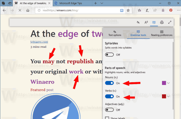 Edge Configura strumenti grammaticali