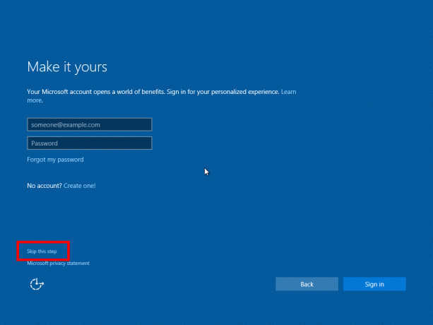 Windows 10 sări peste acest pas