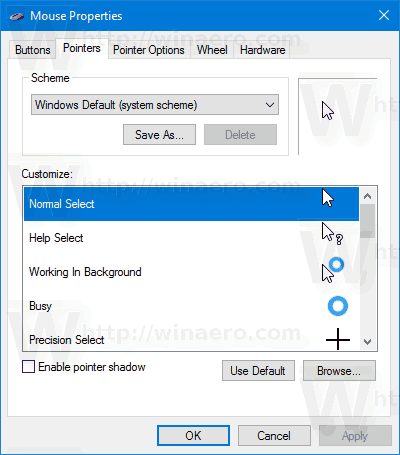 Windows10のマウスのプロパティの[ポインター]タブ 