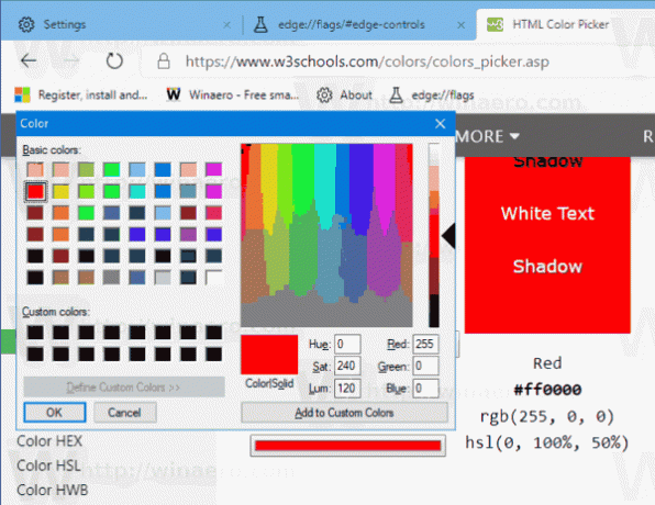 MicrosoftEdgeの古い色のダイアログ