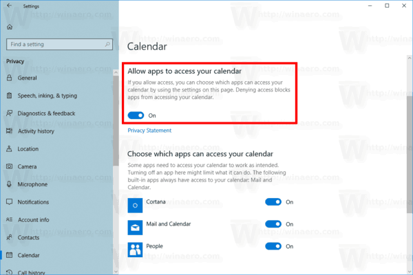 Accesso al calendario di Windows 10 per le app