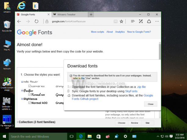 Finestra di dialogo per il download di Google Fonts