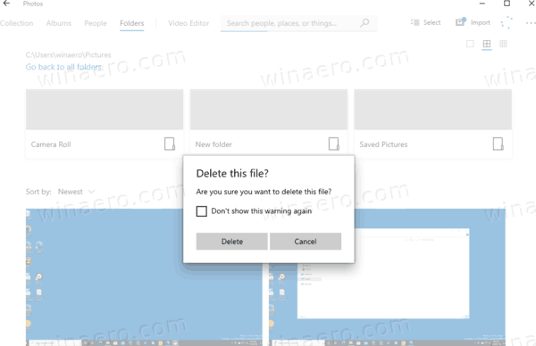 Windows 10 Fotók törlését megerősítő párbeszédpanel
