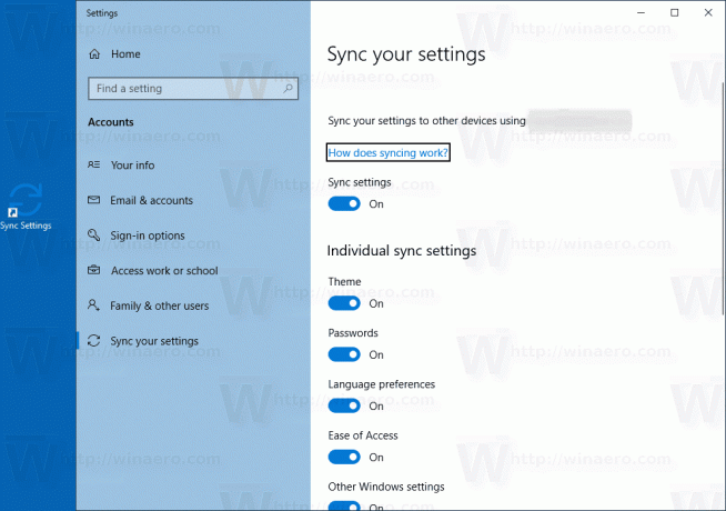 Пряк път за настройки за синхронизиране на Windows 10 в действие 