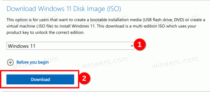 Опция за изтегляне на ISO изображение на Windows 11