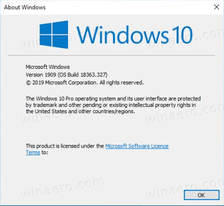 Windows 10 verze 1909 Winver
