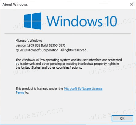 Windows 10 versio 1909 Winver