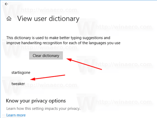 Vizualizați conținutul dicționarului utilizatorului