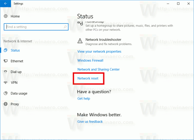 Łącze do resetowania sieci w systemie Windows 10