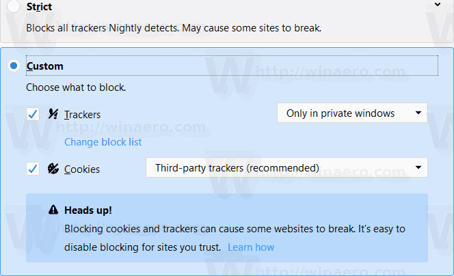 Firefox Content Blocking Custom Mode 